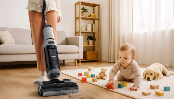 membersihkan sofa dengan vacuum cleaner Tineco Floor One i5 Stretch Plus II untuk mencegah penyakit yang ditularkan bulu hewan