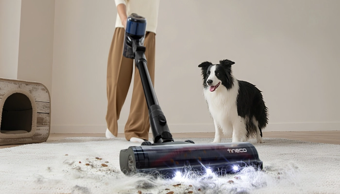 membersihkan sofa dengan vacuum cleaner Tineco Pure One S30 Pro untuk mencegah penyakit yang ditularkan bulu hewan